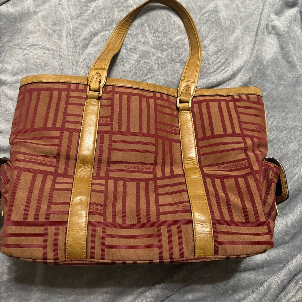 VINTAGE Calvin Klein Red Stripe Logo Canvas Leather Tote /Attache Bag Large